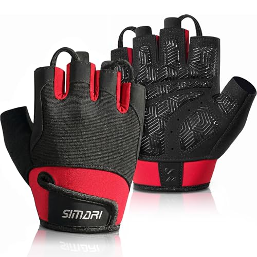 SIMARI Breathable Workout Gloves for Men & Women, Weight Lifting Gloves with Padded, Grip, Full Palm Protection, Gift for Gym Exercise, Cycling, Weightlifting Training, Kayaking, Fitness (Red-M)