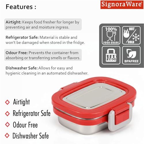 Image of Signoraware Lock N Store Stainless Steel Containers | Airtight & Leakproof | Compact & Durable | Ideal for Snacks, Kids, Travel, Office, School & Outdoor Use (160ml | Red)