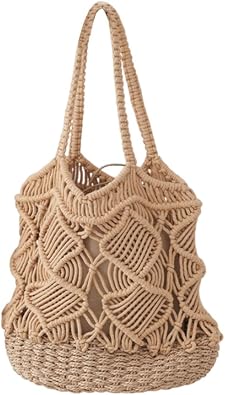 Womens Cotton Rope Crochet Tote Handbag, Summer Beach Casual Hobo Bag Drawstring Bucket Shoulder Bag