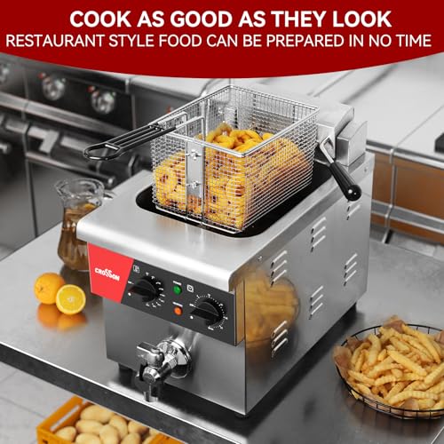 CROSSON Friteuse Electrique Professionnelle en acier inoxydable 8L,230V/3250W Friteuse a Huile électrique avec Robinet,Régulateur de Température 80℃-200℃,avec Panier et Couvercle – Image 3