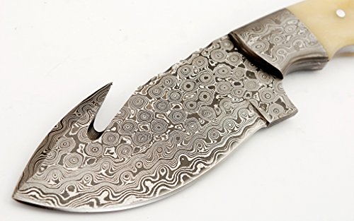 Gladiatorsguild 65- Custom Handmade Damascus Steel Skinner 9 Inch Hunting Knife Fixed Blade Skinning Knife With Gut Hook With Sheath (White Bone) #TOP5