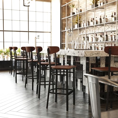 Image of Flash Furniture Wright Commercial Grade Barstool - Walnut Finish Solid Wood Seat and Boomerang Back - 500 LB. Capacity Black Steel Frame - Integrated Footrest