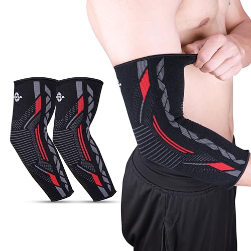 Image of Nivia Knitted Elbow Support For Men & Women, Compression Elbow Sleeve, Elbow Brace for men, Ideal For Gym, Weightlifting, Fitness, Training & Injury Prevention (Pair) (Red /Black, S)