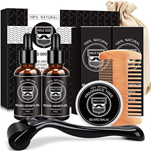 MALE GOD Beard Growth Kit - Beard Kit with Beard Growth Oil(2 Pack), Beard Massager, Beard Balm, Beard Comb, Beard Growth Products for Patchy Beard - Fathers Day - Gifts for Men Husband Boyfriend Dad