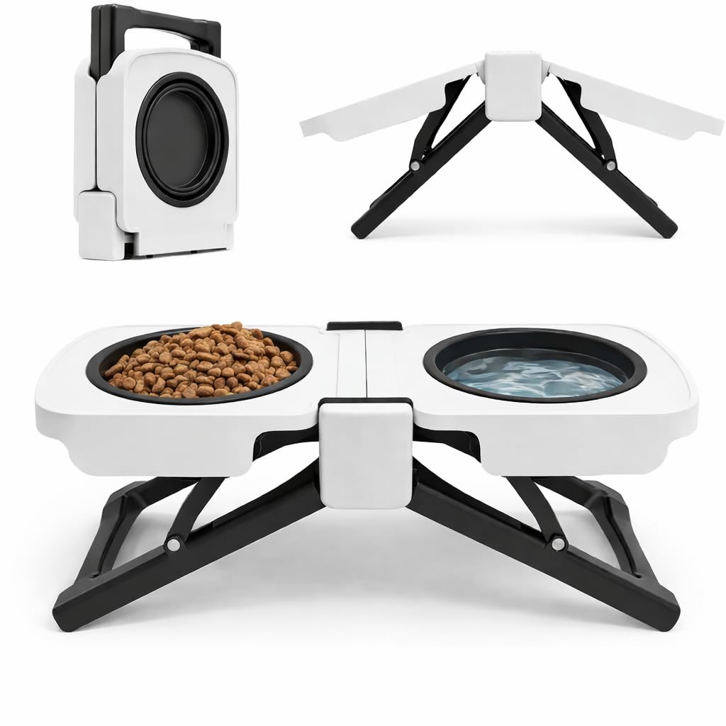 JARUKI® Comedero Elevado para Perro – Comedero y Bebedero Portátil Doble Cuenco Plegable, Compacto y Fácil de Transportar – Accesorios para Mascotas Ideal para Viajes, Camping y Caravanas.