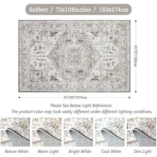 Madane 6x9 Area Rugs for Living Room, Stain Resistant Washable Rugs, Non-Slip Backing Area Rug, Vintage Home Decor Rug for Bedroom (Ivory/Brown, 6'x9')