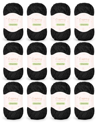 Image of Coopay Skinny Chenille Yarn for Crocheting and Knitting, 12 Pack of 50g /1.76oz - 1764yd Total, Crochet Yarn of Light Weights - Suitable for Baby Blankets, Plush Toys, Garments - Super Soft (Black)