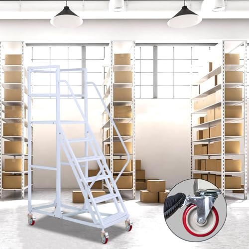 Image of 6 Step Rolling Ladder - Mobile Rolling Stairs with Wheels, Heavy Duty Industrial Safety Non-Slip Metal Rolling Ladders, 1100lbs Capacity, for Warehouse, Garage, Supermarket