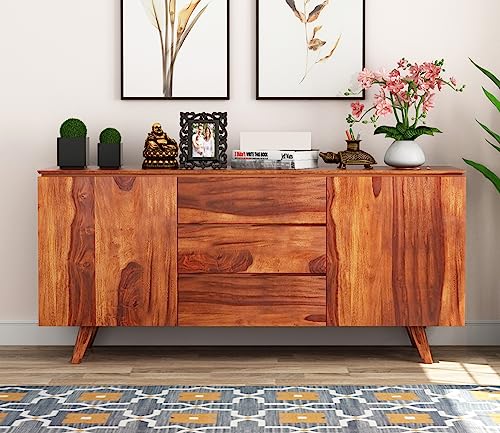 Image of Solid Sheesham Wood Wooden Sideboard Storage Cabinet : Ideal for Living Room and Bedroom with 3 Drawers and 2-Shelf Storage (Honey Finish)