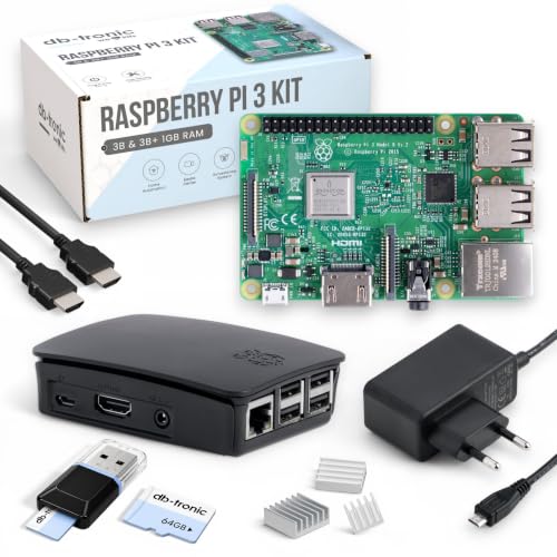 db-tronic Raspberry Pi 3 B 1GB Starter Set | 64GB Edition | Netzteil | Gehäuse | Kühlkörper | HDMI Kabel | USB-Kartenleser | Ideal für Smart Home Retro Gaming & DIY Projekte