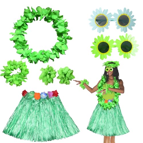 EULAPGOE Falda de Hoja de Hula + Collar, Diadema, Pulsera y Falda Hawaiana + Conjunto para Fiesta de Hula + Traje Completo para Carnaval Hawaiano + Colorido y Divertido