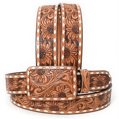 American Darling Large Beautifully Hand Tooled Tan Genuine Leather Belt Men and Women Western with Removable Buckle4
