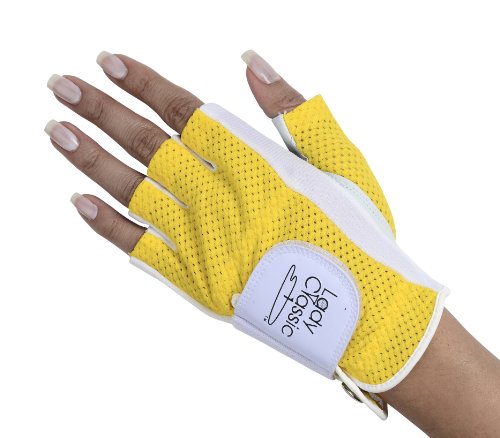 Lady Classic Cabretta Womens Solar Half 1/2 Finger Golf Glove - Left Hand, Yellow & White, Small