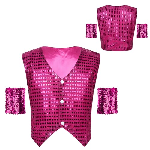 JEATHA Glittery Sequined Vest Button Up Jacket Waistcoat and Glitter Arm Band for Celebration Jazz Dance Party2