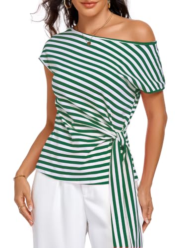 Image of HOTIAN Womens Cap Sleeve T Shirts 2026 Tie Waist Wrap Tops Crew Neck Blouses Dressy Casual Loose Work Business Dressy
