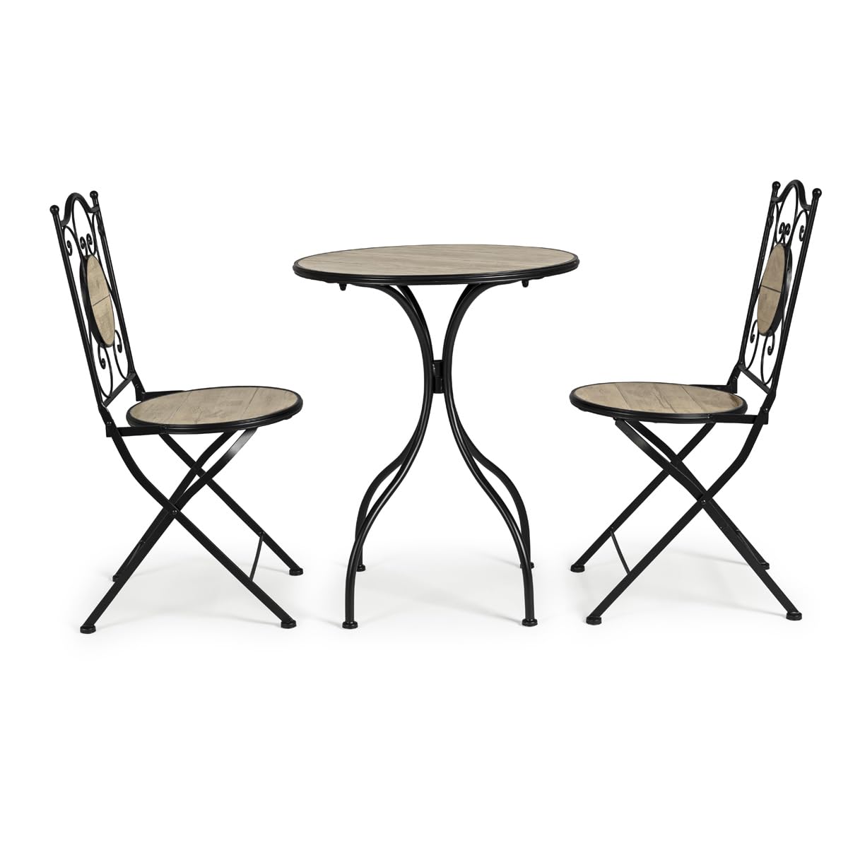 Yellowshop Set Bistrot da Esterno, Veranda, Balcone, Giardino 3 Pezzi Kansas, Tavolo con 2 Sedie Pieghevoli in Metallo Nero con Ceramica Effetto Legno Naturale