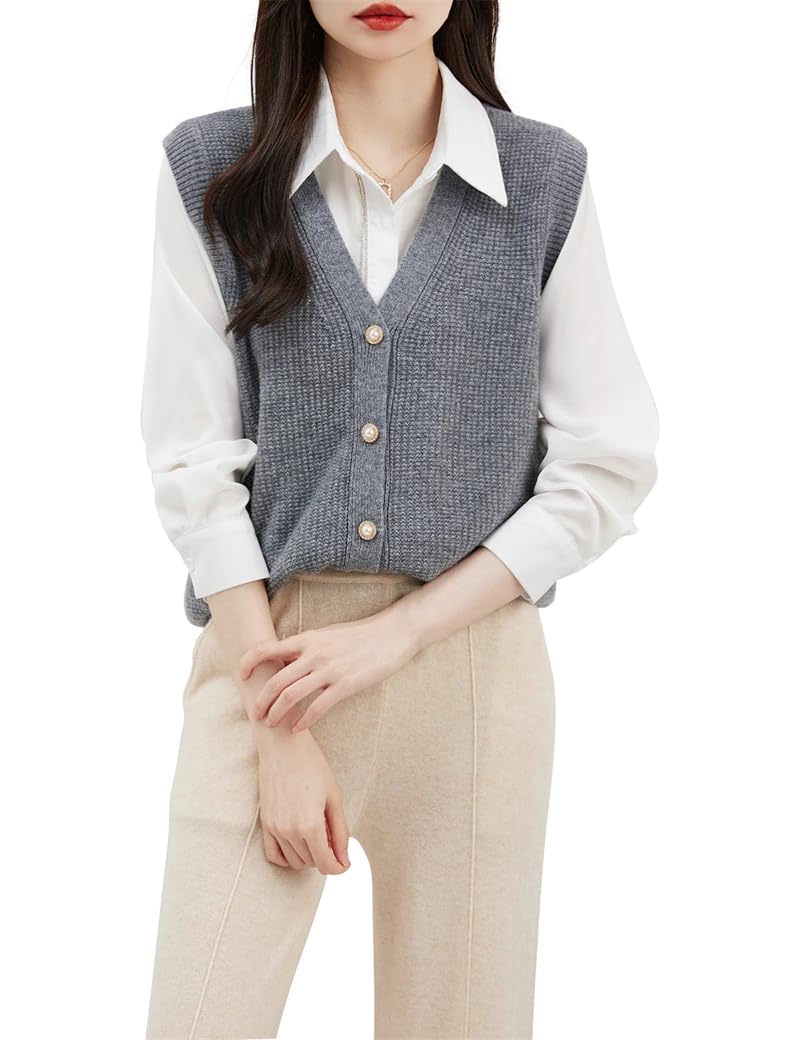 Chaleco de lana para mujer, cuello en V, sin mangas, de punto, suéter, chaleco