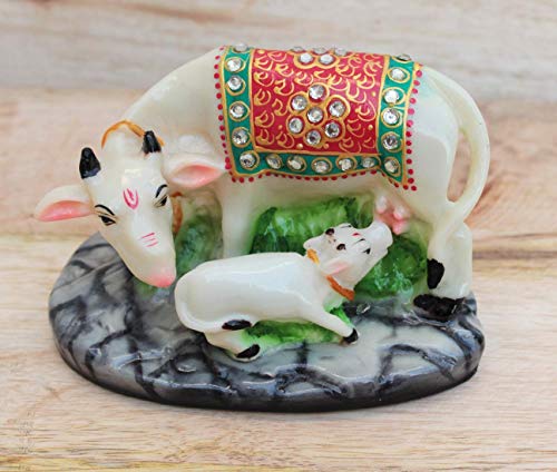 Indian Crafty Vibes 12 cm Kamdhenu Cow and Calf Idol Marble Finish Holy Spiritual Showpiece for Vastu for Home DÃ©cor Resin Figurine Decorative Statue