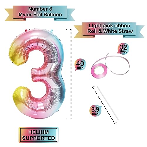 Image of 40 Inch Giant Rainbow Number 3 Balloons, Birthday Balloons, Helium Mylar Foil Big Number Balloons for Birthday Party Decorations, Kids' Birthday Anniversary Party Baby Shower Unicorn Parties