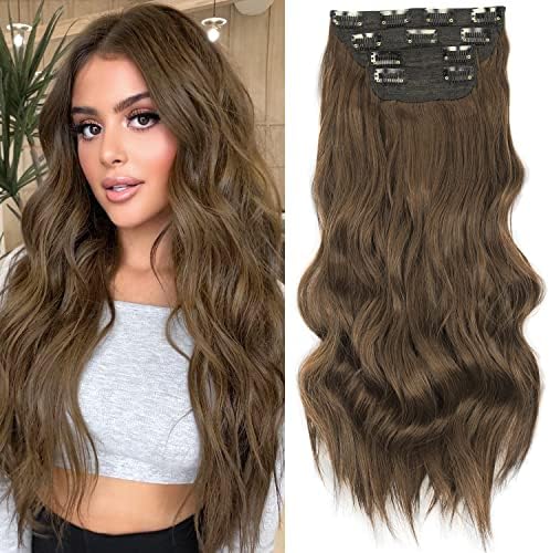 Sué Exquisite 4PCS Clip in Long Soft Glam Waves Thick Hairpieces 20 inches Chocolate Brown Hair Extensions Synthetic Fiber Double Weft Hair for Women Full Head