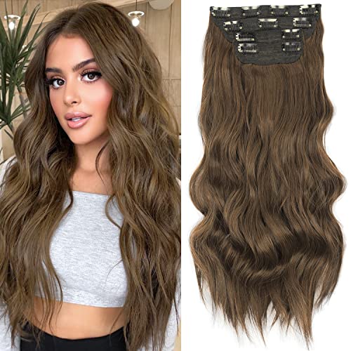 Sué Exquisite 4Pcs Clip In Long Soft Glam Waves Thick Hairpieces 20 Inches Chocolate Brown Hair Extensions Synthetic Fiber Double Weft Hair For Women Full Head #TOP2