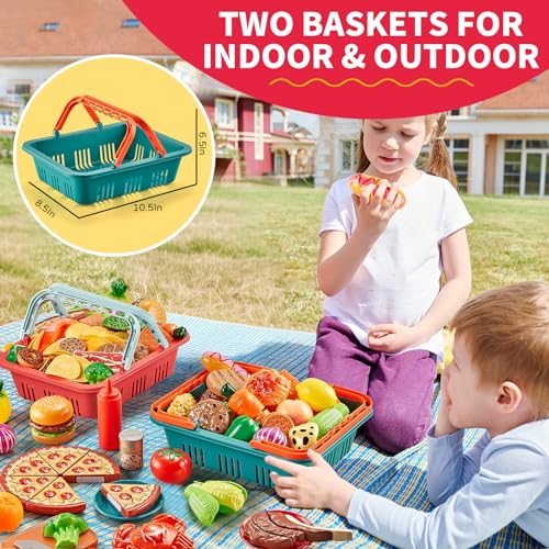 Comirth Spielen Sie Lebensmittel-Sets für Kinder Küche-80PC Pretend Lebensmittel mit 2 Kinder Picknick-Korb, Spielzeug Lebensmittel mit Pizza Spielzeug, Kunststoff Lebensmittel Schneiden Spielzeug