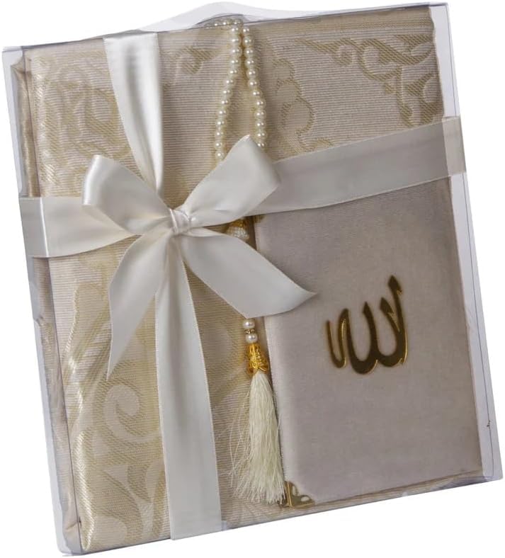 Quran Gift Set Islamic Prayer Mat Prayer Beads | Sacred Gifts for Muslims | Kuran Tasbih Sajjad, Size 17x12 Cm. (Cream)