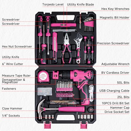 Tool Set - Tool Kit with 8V Cordless Drill, 132 Piece Tool Box with Drill, Home Tool Kits for Women & Men, Hand Drill Set Perfect for Homeowner, Diyer, Handyman - Pink