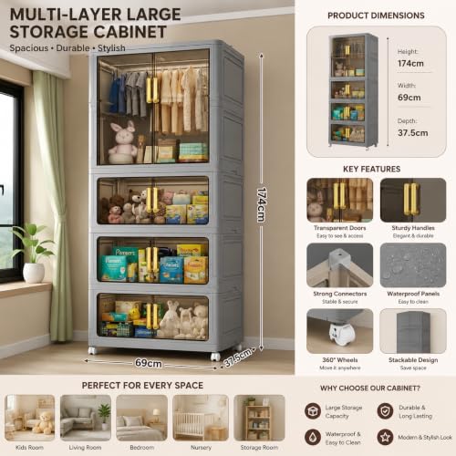Image of Mevigo 4-Door Plastic Wardrobe for Kids| Almirah and Wardrobe for Baby Clothes| Modular Storage Cabinet with Wheel Organizer for Cupboard Rack for Clothes /Shoes /Books /Toy -Grey-713