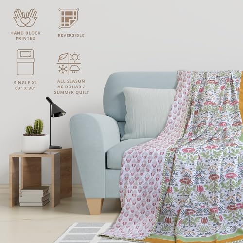 Image of TOAIArt Premium Jaipuri Dohar | AC Blanket Summer Quilt | Hand Block Printed | 3 Layers | Reversible | 150GSM 100% Mulmul Cotton | 100% Cotton Flannel Filling | Single 60 inch X 90 inch |Spring Floral