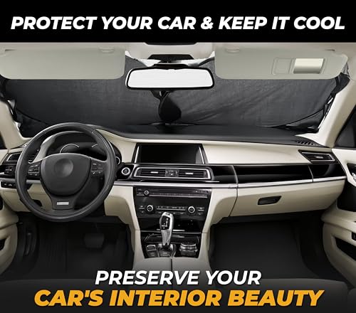 Image of Car Windshield Sun Shade, 240T Reflective Polyester Sunshade Blocks 99% UV Rays and Heat, Keeps Interior Cool, Foldable Sunshade for Car SUV and Truck with Storage Bag,Large (64 inch x 34 inch)