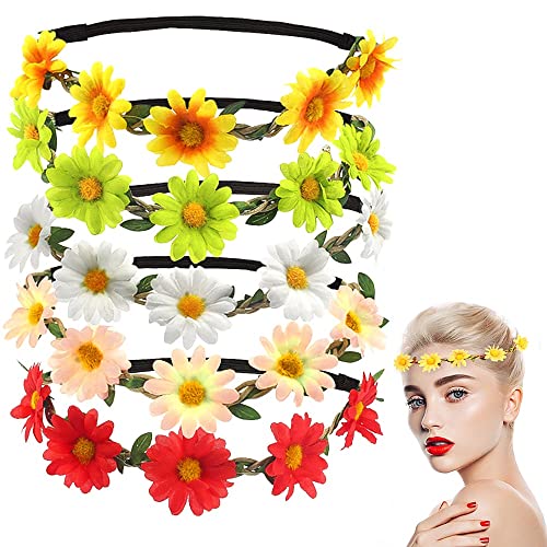 5 stuks Multicolor Daisy Bloem Hoofdband, Festival Bloem Hoofdband Garland Meisje Bruids Bloemen Hoofddeksel met Verstelbare Elastische Lint voor Bruiloft Festival Party Favor