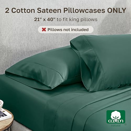 Image of California Design Den King Size Pillowcase Set - 400 Thread Count, 100% Cotton Sateen, Set of 2 Pillow Covers, Soft and Breathable - Hunter Green