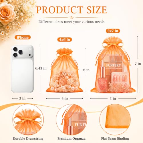 Image of FUNFERY 100PCS Orange Organza Gift Bags 5x7in,Drawstring Pouch for Jewelry