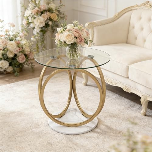 RELAX4LIFE Table Basse Ronde 60 CM en Verre Trempé, Table de Salon Ronde Transparente, Cadre Métallique Doré, Base Effet Marbre, Design en Anneau, pour...