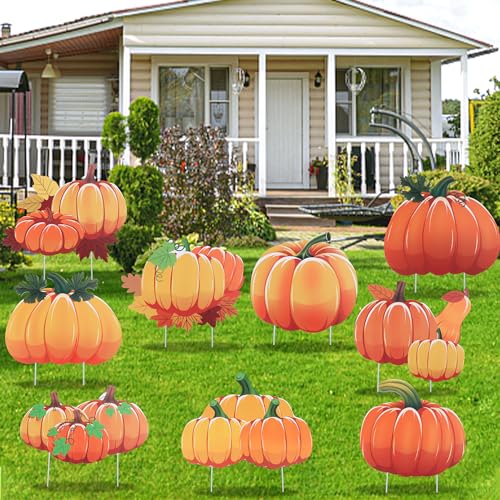 Set of 9 Fall Yard Sign Pumpkin Yard Stakes Thanksgiving Outdoor Decoration Harvest Garden Signs Lawn Pumpkin Sign with Stakes for Home Holiday Decor Party Supplies Farmhouse