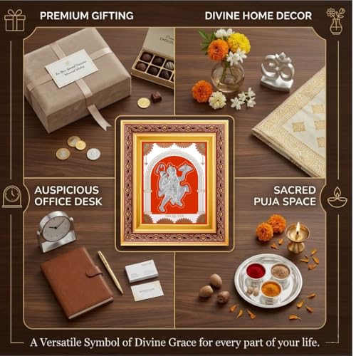 Image of 999 Pure Silver Hanumanji Frame | Divine Home Decor | Wall Mount Square Photo for Gift, Wooden PhotoFrame SilverGift Items Temple & OfficeDecor | hangingframe (10.50 inch x 9 inch Inch)