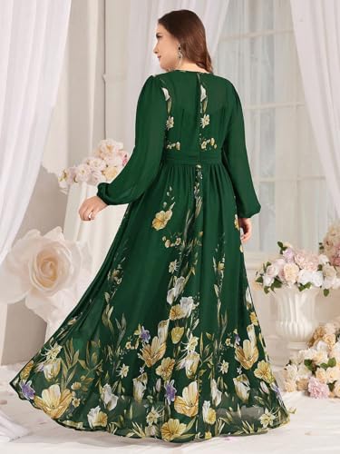 Image of Spring Summer 2024 Plus Size Womens Dresses V Neck Casual Elegant Long Sleeve Floral Print Maxi Dress