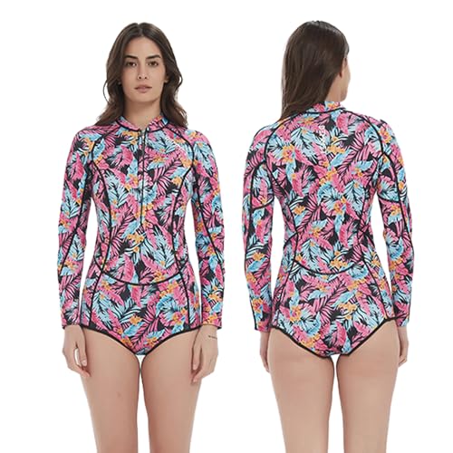 DEMMET Neoprene Long Sleeve Wetsuit 1.5mm-3mm Shorty Wetsuit Zipper Bikini Wetsuit Pink Printed Women's Sunscreen Diving Suit for Snorkeling Swimming Water Sports Kayaking (3mm Pink, XX-Large)