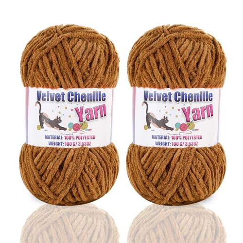 Image of 2 * 100g /3.5oz Fluffy Chenille Yarn for Crocheting, Chunky Velvet Yarn for Crochet Amigurumi, Used for Making Baby Yarns Blanket, Clothes, Pattern Knitting Creations (Coffee)