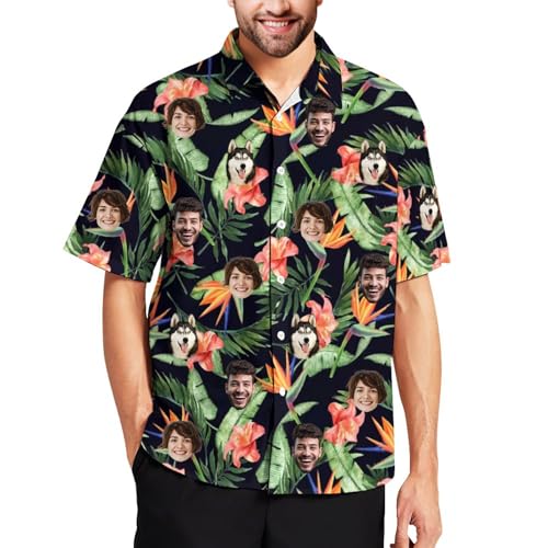 Custom Hawaiian Shirt with Pet Face Men Personalized Funny Hawaiian Shirts Tropical Floral Short Sleeve for Beach
