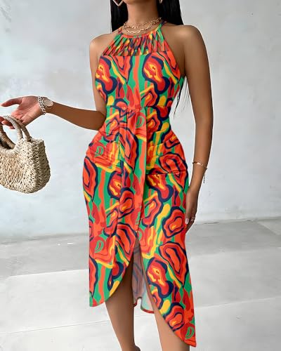 Image of CHICME Womens Halter Floral Print Bodycon Midi Dress