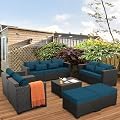 Rattaner Patio Furniture Set 7 Pieces Couch Outdoor Chairs Coffee Table Peacock Blue Anti-Slip Cushions and Waterproof Covers