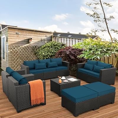 Rattaner Patio Furniture Set 7 Pieces Couch Outdoor Chairs Coffee Table Peacock Blue Anti-Slip Cushions and Waterproof Covers