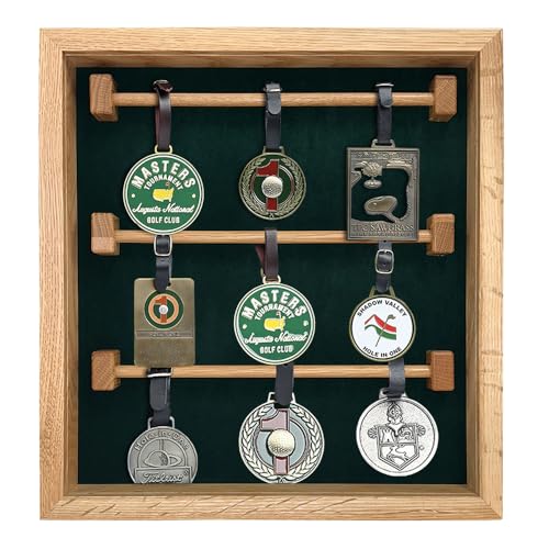 Golf Bag Tag Collection Display with Acrylic Cover | Holds 40 Bag Tags | 5 Color Options | Wall Mounted Wooden Case | Measures 15.5" W X 16.5" H (Oak)