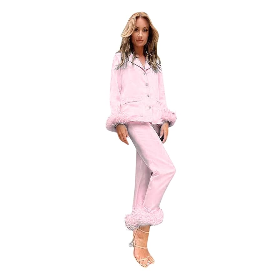 Amazon.com: Women Pajamas Set Feather 3/4 Sleeve Camis Tops+