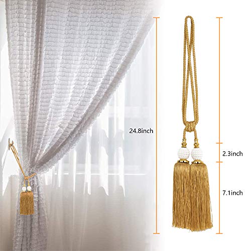 KISENG Decorative Curtain Tiebackss Ball Tassels Holdbacks for Home Office Windows Drapery Fasteners Braided Buckle Fringe Ropes, Set of 2 (Golden)