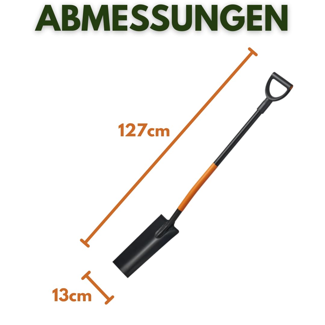 125cm Drainagespaten Spaten mit Metallstiel & Anti-Rutsch-Griff – Kanalspaten Kabelspaten– Für Garten, BAU & präzise Erdarbeiten, Hergestellt in EU