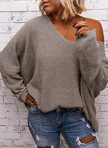 BZB Women's V Neck Long Sleeve Knit Loose Oversized Pullover Sweater Apricot