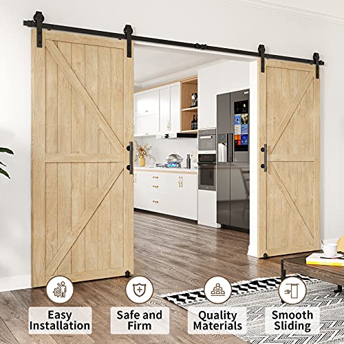Homlxclx 12Ft Heavy Duty Sturdy Sliding Barn Door Hardware Kit Double Door Whole Set Include 2X Round Door Handle, 2X Floor Guide - Fit 1 3/8-1 3/4" Thickness Door Panel(Black) #TOP1